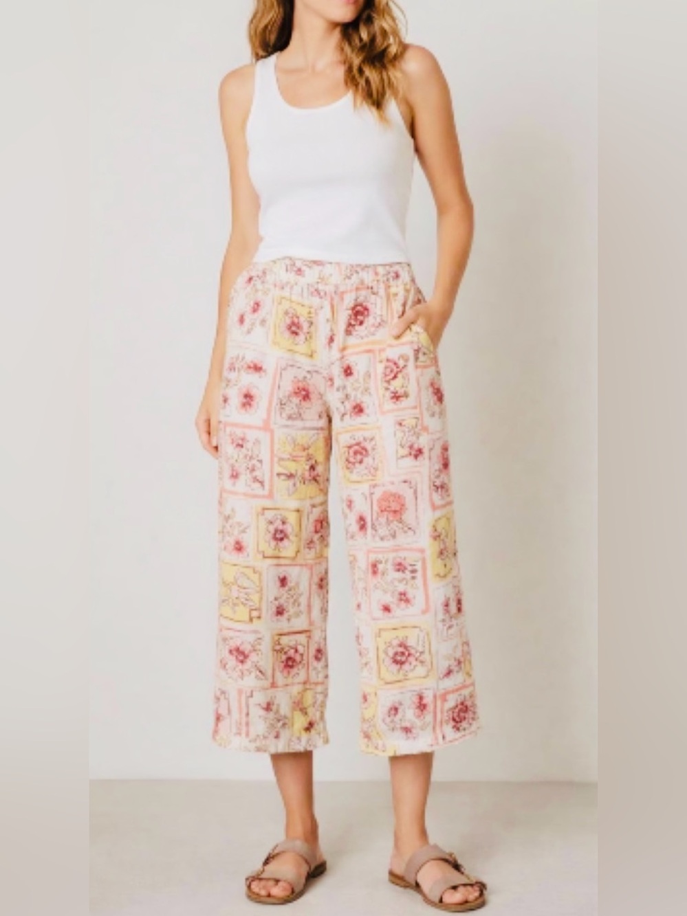 NWT Joie "💯% Linen Floral🌺🌸Tile Print Wide-Leg Cropped AnklePants" Cream🍦 • XL